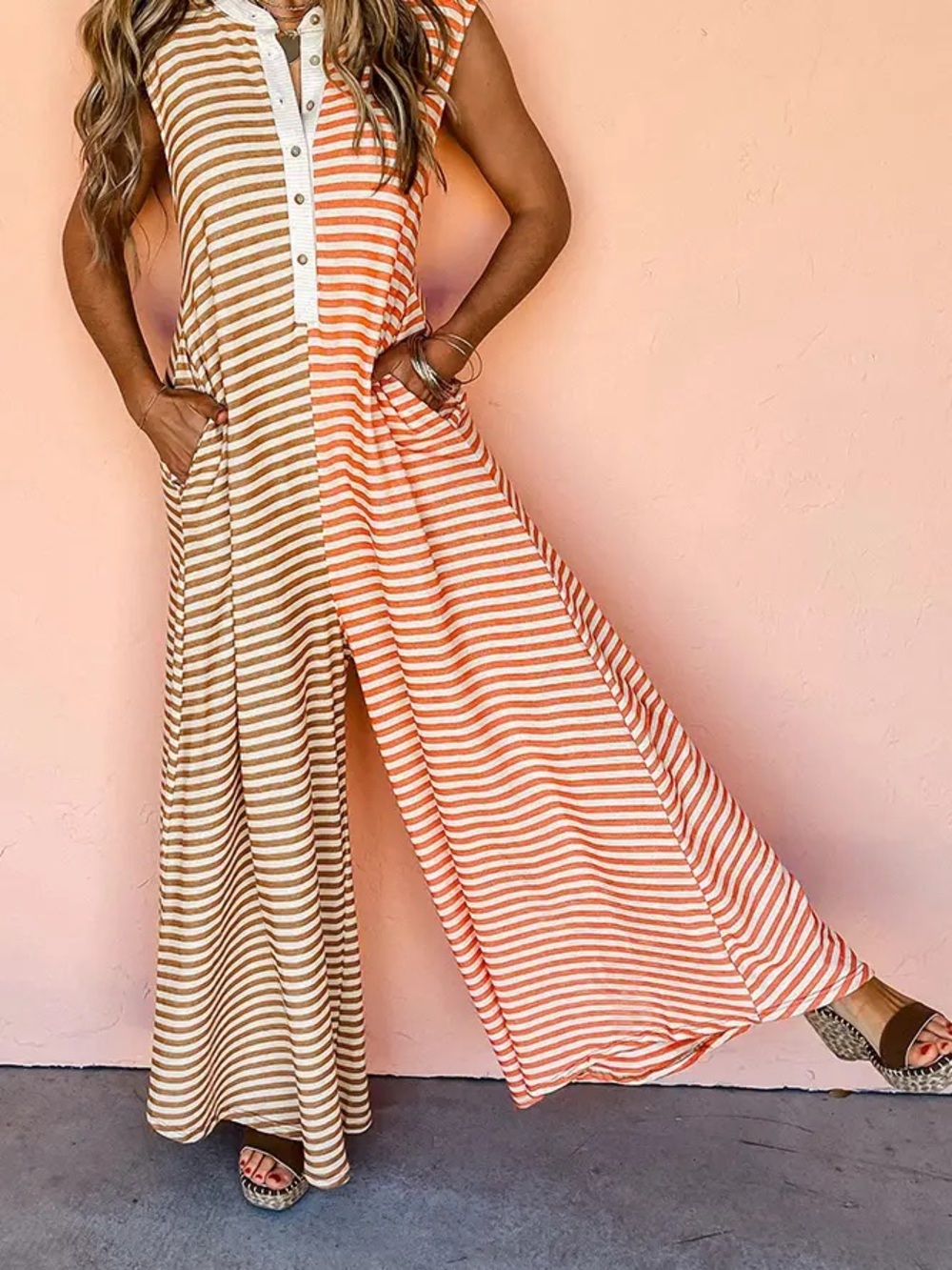 Striped Two-Tone Wide Leg Jumpsuit - Orange & Tan